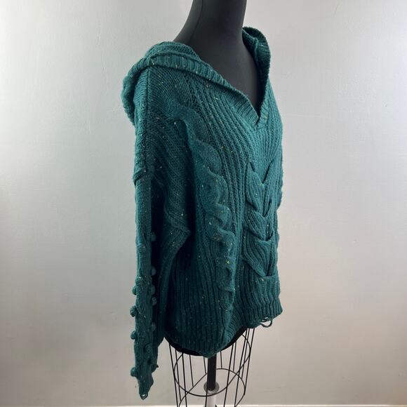 WILDFOX Pattie Green Sweater Chunky Knit V-Neck Hood Raglan Sleeve Size Large L - Picture 6 of 10